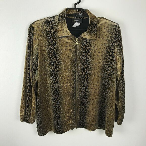 Vintage 1980s Jacket Petite Size PL Brown Animal Print Gold Accents Velvet - Picture 1 of 7